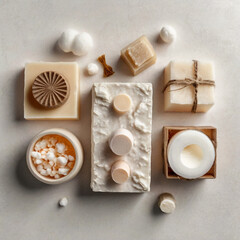 Vector art of a flatlay of various handmade soaps and natural elements