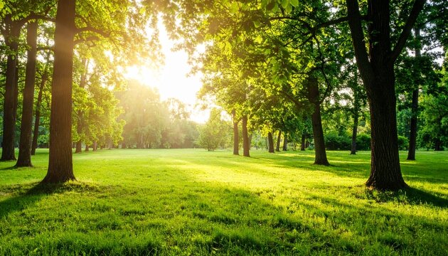 Sunlight filtering through lush green trees in a park