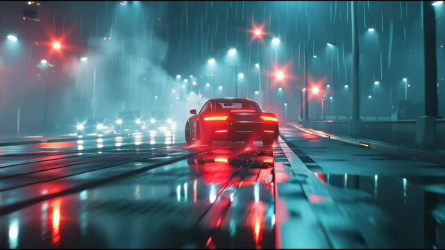A sports car races through a neon-lit city street in the rain.