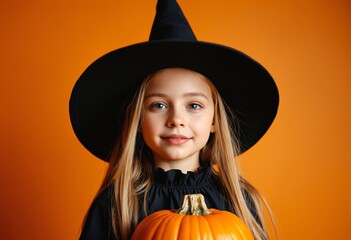 Cute little girl dressed as witch and halloween pumpkin on orange background. Halloween party