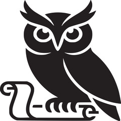 Owl logo design vector graphic black and white owl illustration wisdom knowledge scroll education symbol 100 on transparent background silhouette