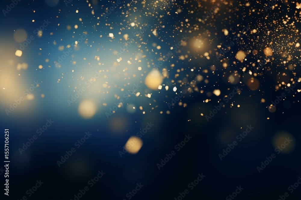 Poster golden particles falling with bokeh effect on dark blue background, creating a magical and festive a