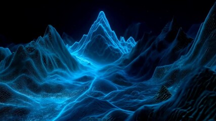 The image features a surreal, glowing mountain landscape illuminated in vibrant blue against a dark background. - Powered by Adobe