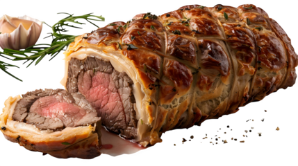 Sliced Beef Wellington with Puff Pastry and Tenderloin Filling isolated on transparent background