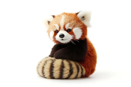 A stuffed red panda toy sitting upright with fluffy striped tail curled around itself on white background 