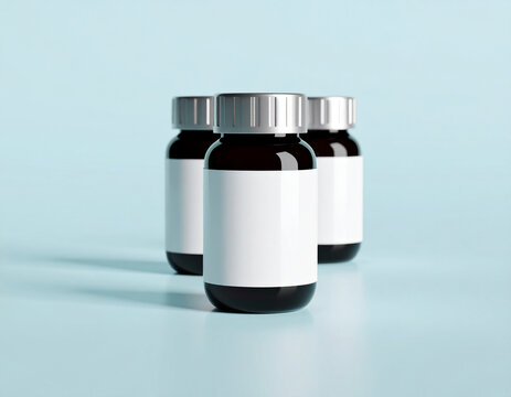 Three dark-colored medicine bottles with blank white labels arranged in a row against a light blue background.