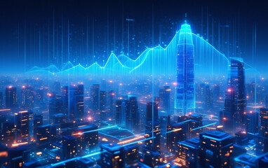 Futuristic cityscape with digital data streams and financial graph overlay
