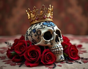 Corona Dorada, Calavera y Ramo de Flores