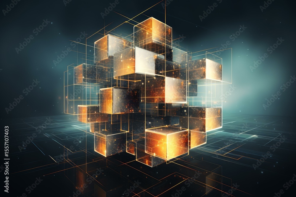 Poster futuristic glowing cube composed of interconnected digital blocks