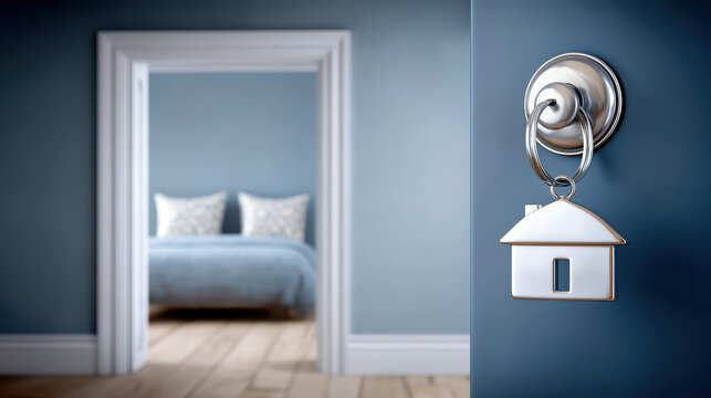 House key with keychain in shape of house hanging on door lock with bedroom in background symbolizing housing crisis and home ownership