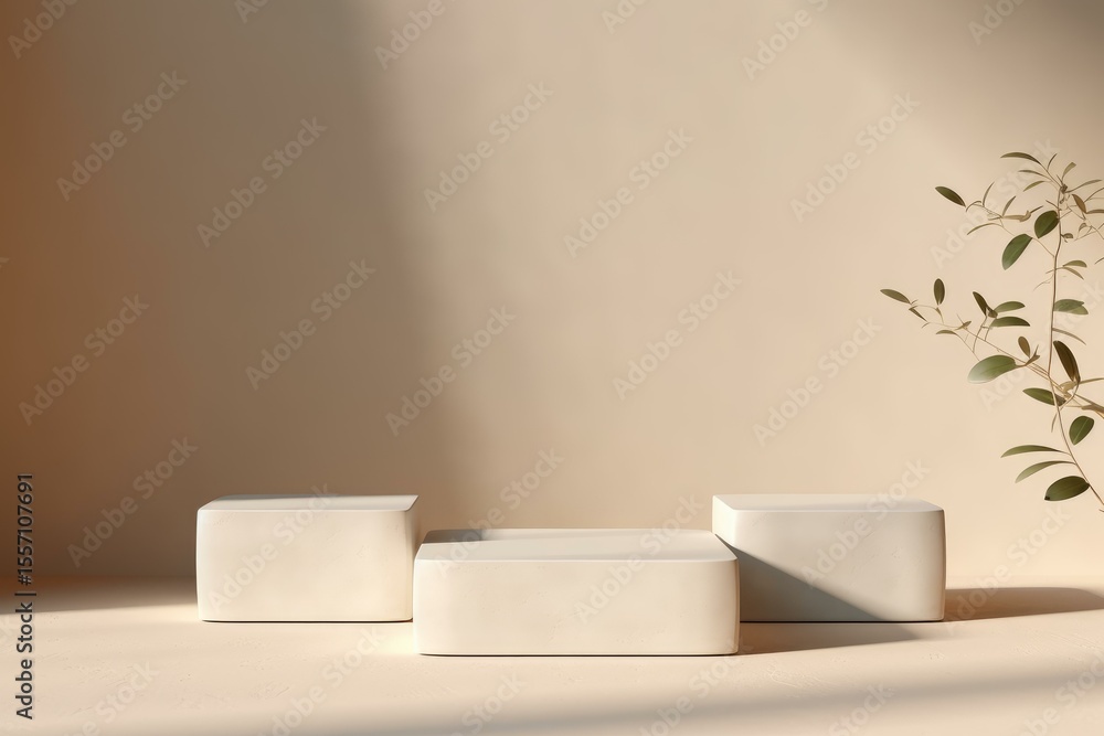 Poster three empty white rectangular podiums providing space for product showcasing, complemented by a deli