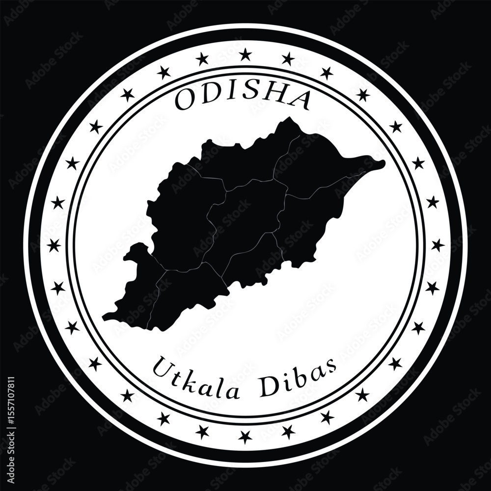 Poster odisha state map in a circular badge with stars and text on black background india utkala
