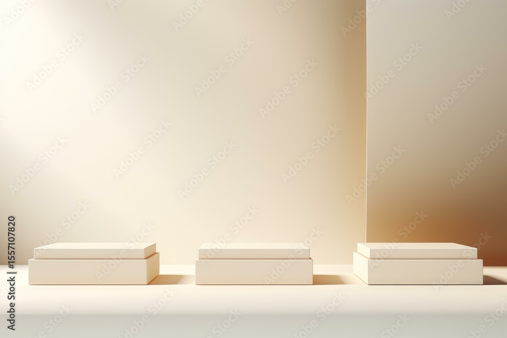 Poster minimalist beige product display stand with three empty square podiums on beige background with ligh