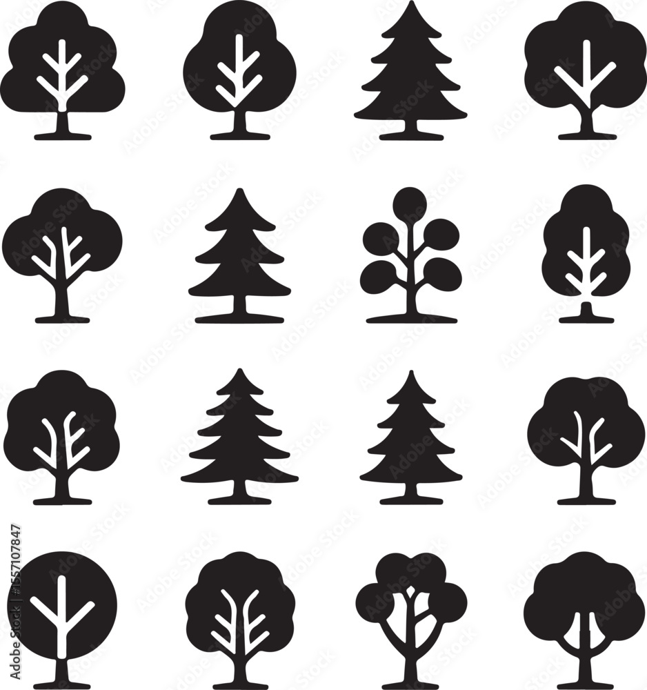 Poster silhouetted tree variations a diverse collection of arboreal shapes and forms presenting a minimalis