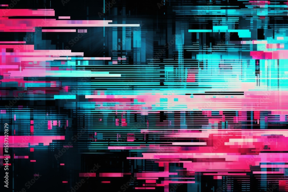 Poster digital glitch effect creating a distorted abstract background with pink and blue stripes