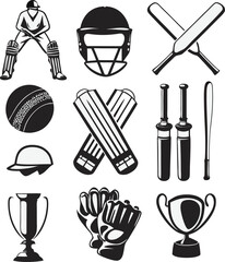 Monochrome illustrations of cricket equipment and player silhouette for sports or design concepts
