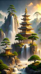 Majestic japanese pagoda nestled amidst lush waterfalls and tranquil landscape scenes