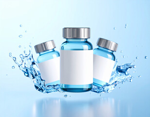 Three blue glass vials with blank labels surrounded by water splash, on a light blue background.
