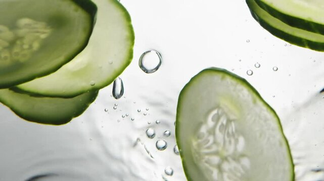 Fresh cucumber slices floating in water, with bubbles and light.