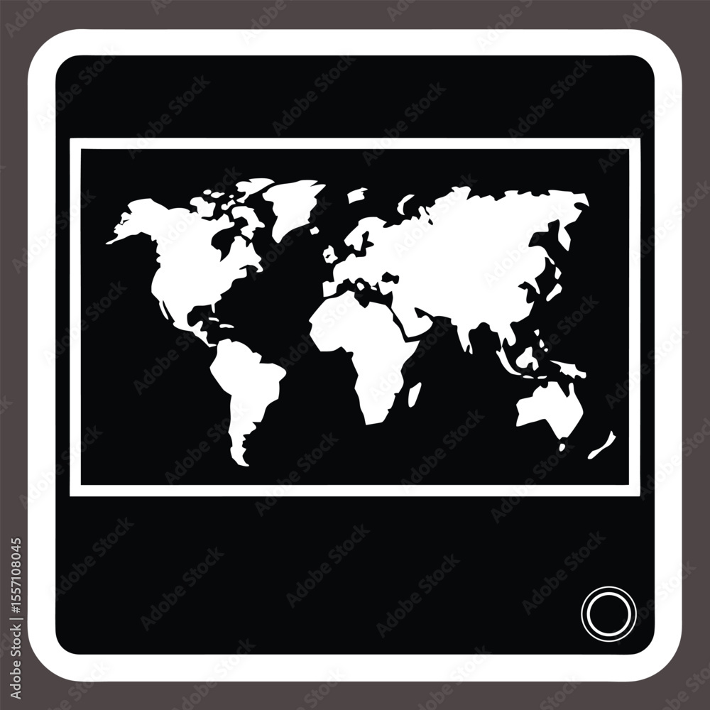 Poster white world map graphic on black background within a rounded rectangle frame on dark gray globe