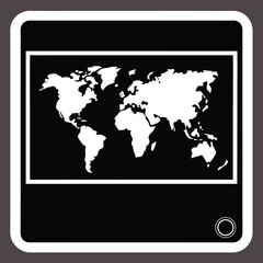 White world map graphic on black background within a rounded rectangle frame on dark gray globe