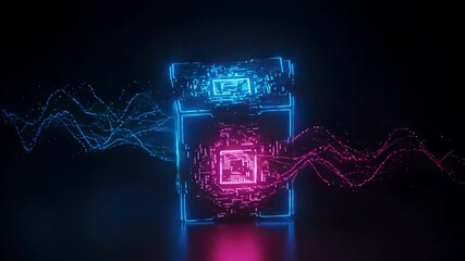 A glowing, futuristic cube with neon blue and pink lights, surrounded by digital particles, creating a vibrant tech-inspired atmosphere - Powered by Adobe
