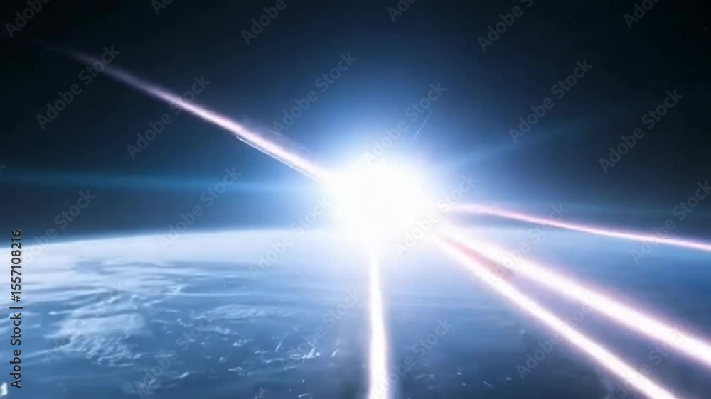 Aufkleber the image captures a dramatic view of earth from space, illuminated by intense beams of light radiat