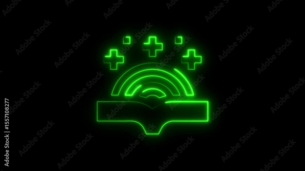 Poster glowing neon green plus signs evolving around open book abstract animation