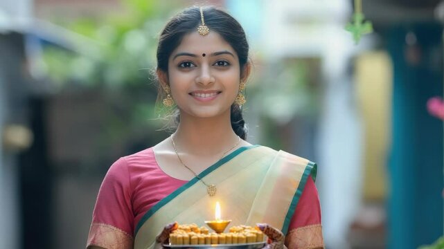 Smiling woman dressed in traditional Indian attire holds a plate of food, possibly as part of a celebration or festive occasion.
