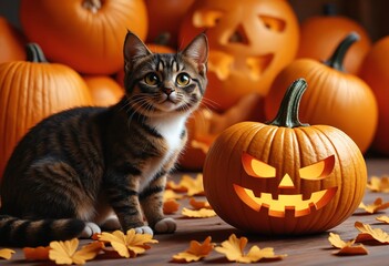 Halloween cat with pumpkin