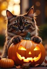Halloween cat with pumpkin