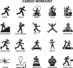 Naklejka premium Collection of black and white silhouette icons representing various cardio exercises and fitness activities