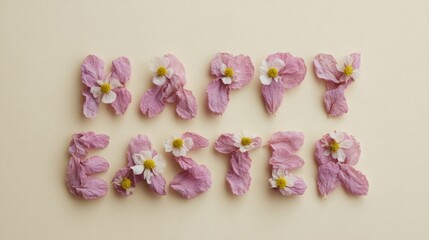 Petals spelling Happy Easter evoke cherry blossom dreamscapes, celebrating Ostara and pink-hued flora fantasia