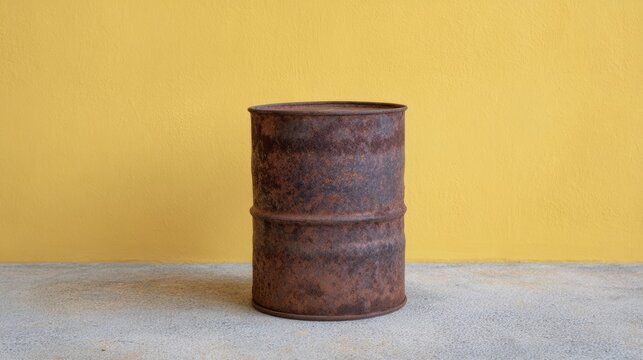 A rustic metal barrel evokes steampunk nostalgia against a mustard-yellow backdrop, ideal for International Scrap Metal Day narratives