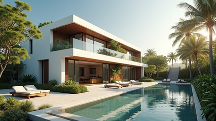 Fototapeta premium Luxurious modern villa featuring a sleek design and inviting pool, set against a backdrop of lush tropical landscaping.