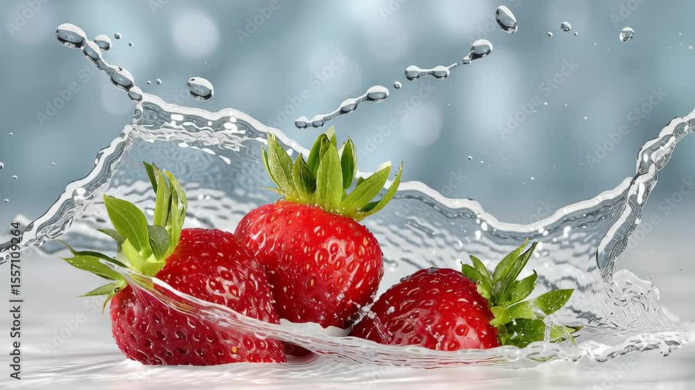 Poster fresh strawberries splashing in clear water, creating dynamic droplets and ripples, showcasing vibra