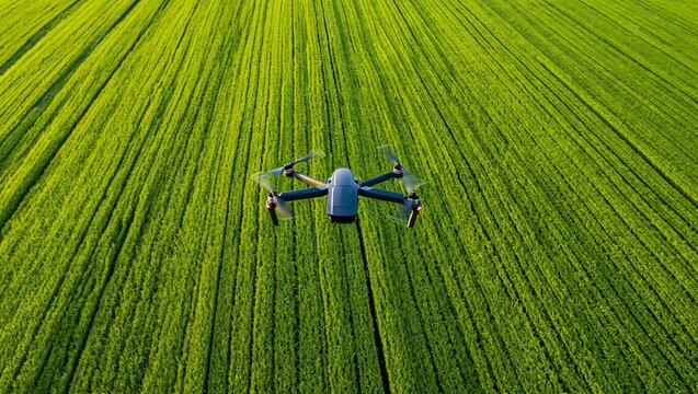 Drone flying over green farmland. Aerial agriculture technology for smart farming. - Powered by Adobe