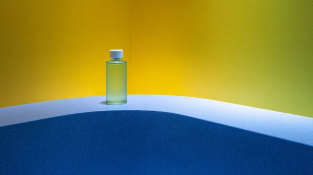 A minimalist elixir bottle gleams under surreal lighting, evoking contemplative Zen koans and the vibrant Holi festival