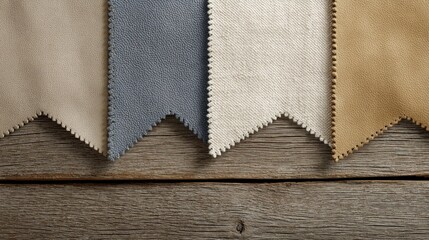 Fototapeta premium Rustic elegance of textured fabric swatches on weathered wood, echoing vintage patchwork artistry and tactile textile narratives