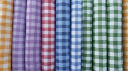 Colorful gingham fabric rolls, checkerboard pastels evoke vintage charm, quilting coziness, reminiscent of National Sewing Month creativity