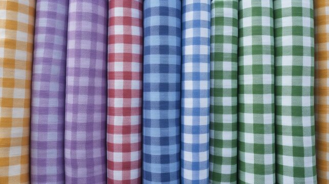 Colorful gingham fabric rolls, checkerboard pastels evoke vintage charm, quilting coziness, reminiscent of National Sewing Month creativity - Powered by Adobe