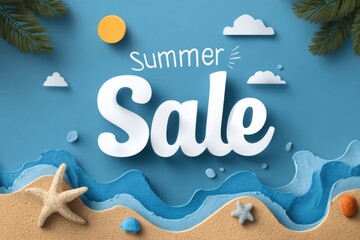 Obraz na płótnie Canvas Summer sale banner with beach, sea, clouds, sun and palm trees