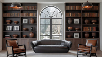 Fototapeta premium Modern Luxury Living Room: Black Leather Sofa, Dark Wood Bookcases, and Earthy Decor.