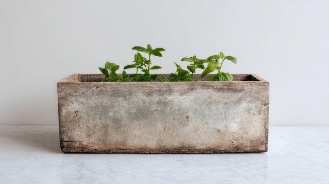 Cozy mint sprouts in rustic planter evoke tranquil garden musings, perfect for Earth Day miniature home gardening enthusiasts