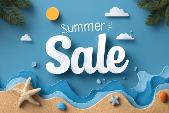Summer sale banner with beach, sea, clouds, sun and palm trees