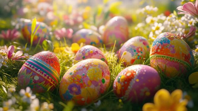 Colorful, patterned Easter eggs in natural setting with wildflowers.