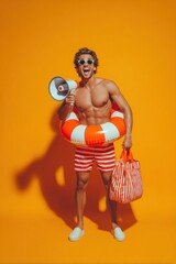 Lifeguard shouting into megaphone with lifebuoy and beach bag on orange background