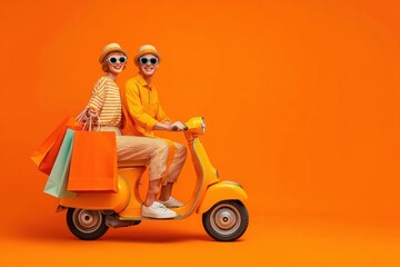 Happy couple riding orange scooter after shopping spree
