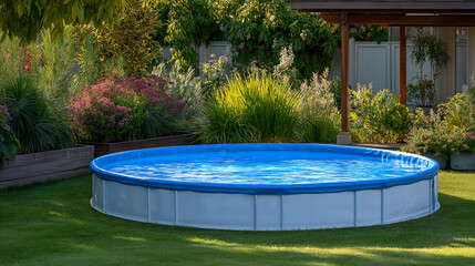Portable swimming pool in a serene country garden setting