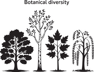 A Showcase of Botanical Diversity Black Silhouettes of Various Tree Species and Leaves Against a White Backdrop Artwork